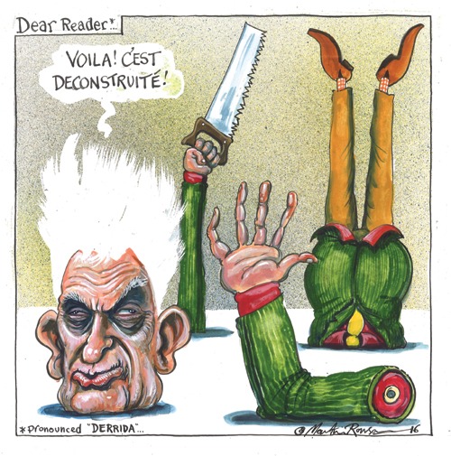 Un fumetto di Derrida in cui lui è "decostruito" da una sega 